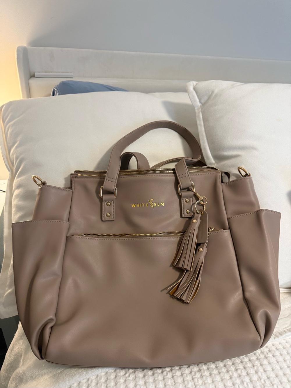 White Elm Taupe Tote Bag with Tassel